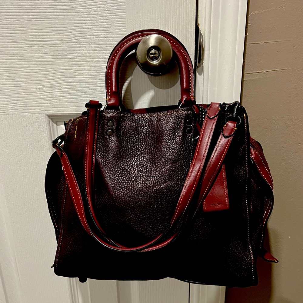 COACH 1941 ROGUE OXBLOOD PEBBLE LEATHER WITH RED SUEDE LINING SATCHEL HANDBAG